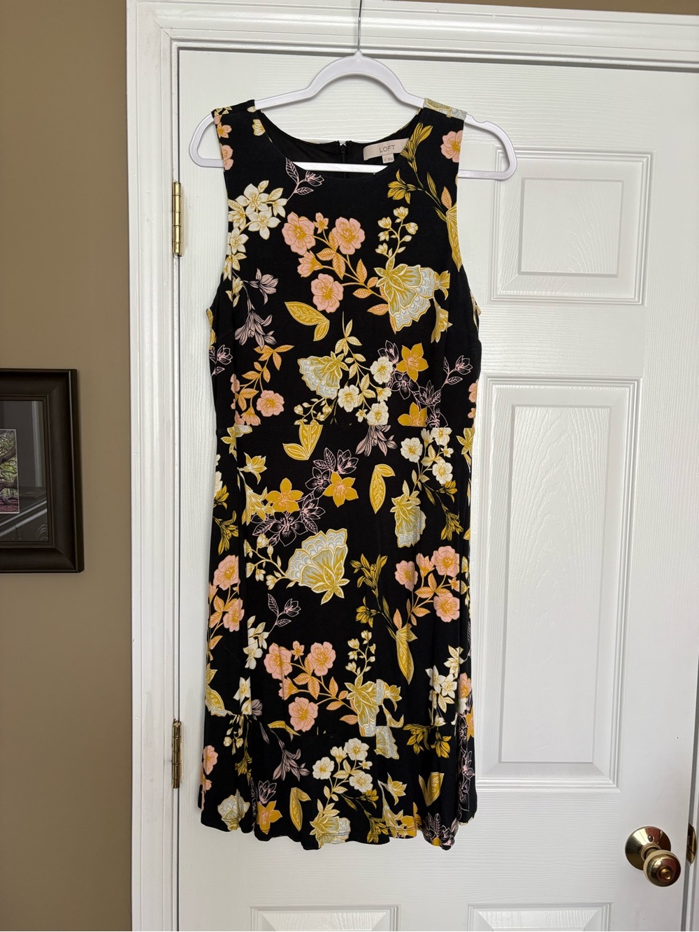 LOFT Black Floral Sleeveless Shift Dress with Yellow & Pink Blooms
